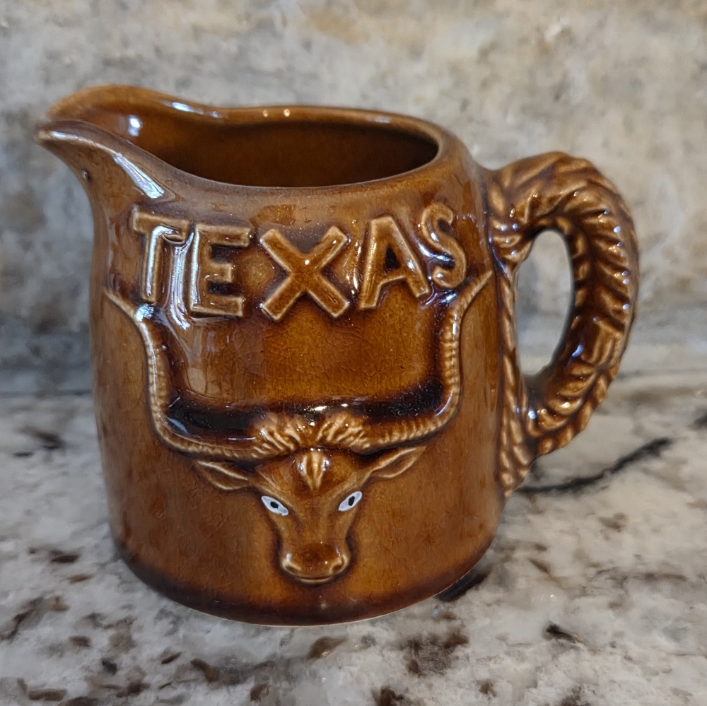 Vtg Souvenir Brown Ceramic Texas State Cowboy Longhorn Small Pitcher Creamer